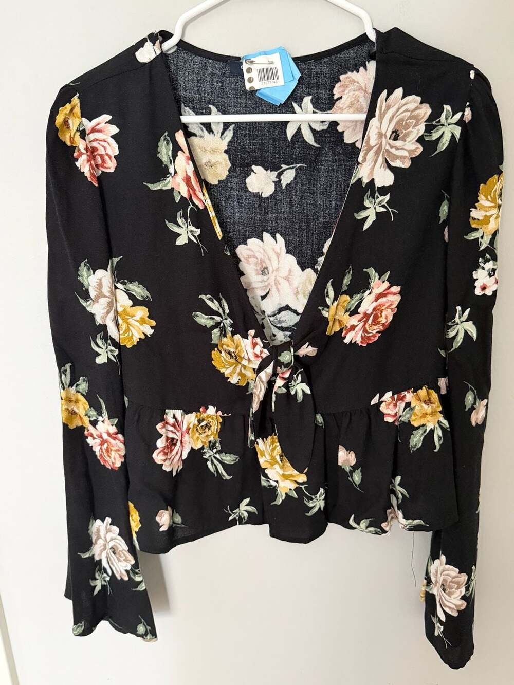 Black Floral Long Sleeve Front Tie Peplum Blouse - large